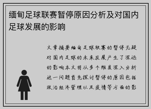 缅甸足球联赛暂停原因分析及对国内足球发展的影响